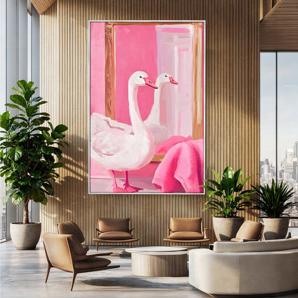Tablou canvas cu tablou canvas cu lebada in oglinda, in rama de aluminiu argintiu, pe perete intr-un birou